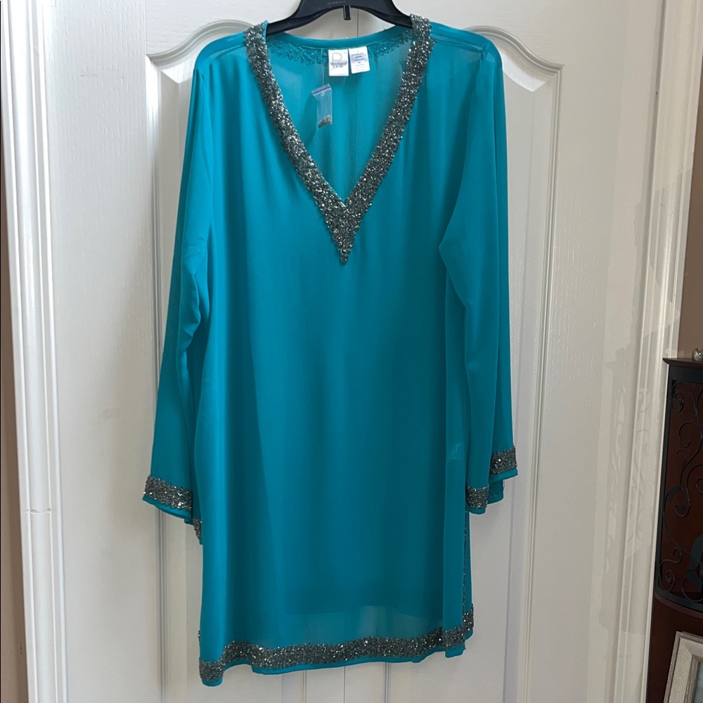 Roaman's Aqua Tunic with Metallic Trim